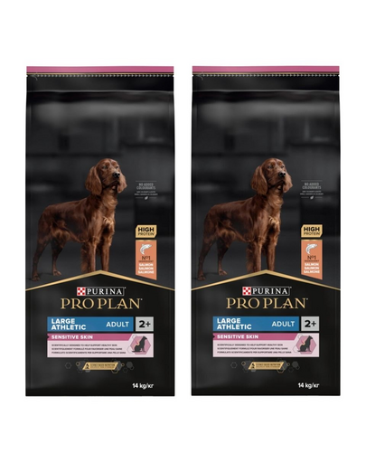 PURINA PRO PLAN Large Athletic Adult Sensitive Skin  hrana uscata caini adulti de talie mare, cu somon 28 kg (2 x 14 kg)