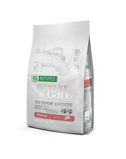 NATURES PROTECTION Superior Care White Dogs Grain Free Salmon Starter All Breeds 10 kg hrana catelusi cu blana alba, cu somon