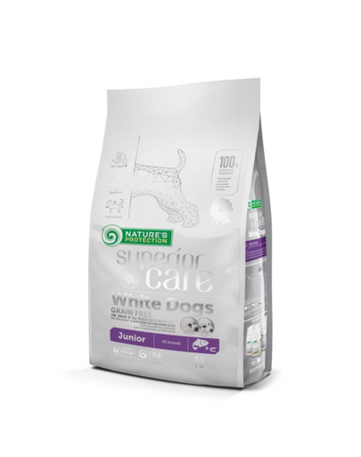 NATURES PROTECTION SUPERIOR CARE White Dogs Grain Free Salmon Junior All Breeds 10 kg cu somon pentru catelusi cu blana alba