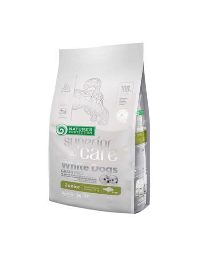 NATURES PROTECTION Superior Care White Dogs Grain Free White Fish Junior Small and Mini Breeds 1,5 kg hrana catei cu blana alba, talie mica, cu peste alb