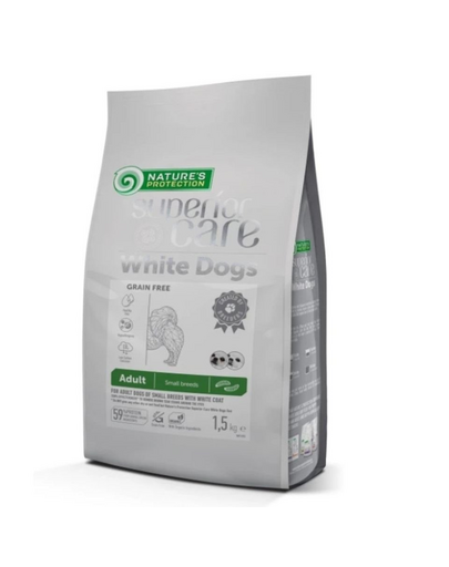 NATURES PROTECTION SUPERIOR CARE White Dogs Grain Free Insect Adult Small Breeds 1,5 kg cu insecte pentru caini adulti de talie mica cu blană alba