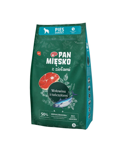PAN MIĘSKO cu ierburi aromatice, vita si ton S 3 kg hrana caini rase mici