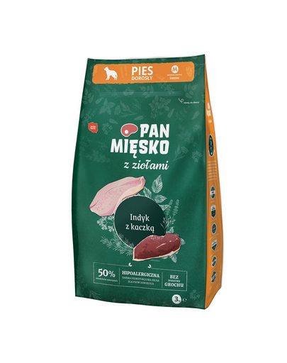 PAN MIĘSKO ierburi aromatice, curcan si rata M 3 kg hrana caini rasa medie