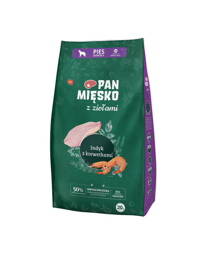 PAN MIĘSKO Sac hrana caini talie foarte mare, cu curcan si creveti 20 kg