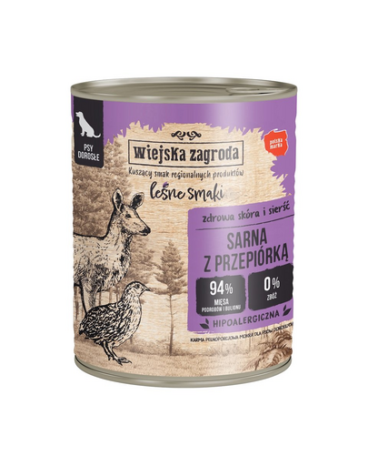 WIEJSKA ZAGRODA Forest Flavours Conserva hrana umeda caine, cu caprioara si prepelita 800 g