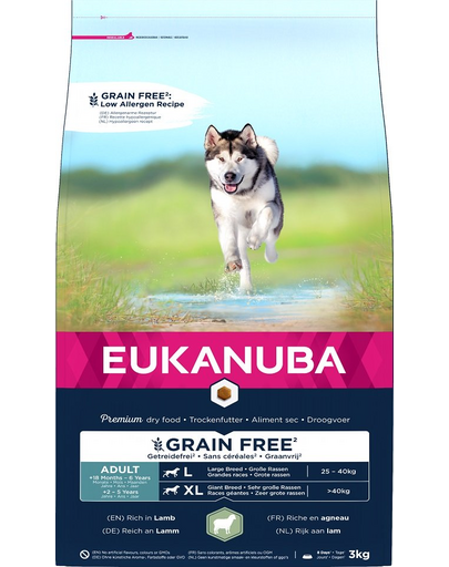EUKANUBA Grain Free L Adult 3 kg Hrana caine talie mare, cu miel