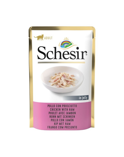 SCHESIR Jelly Adult Chicken Fillets&Ham 85g hrana pisica, file de pui si sunca in aspic