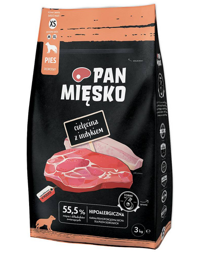 PAN MIĘSKO Hrana uscata pentru caini talie foarte mica, cu vitel si curcan XS 3 kg