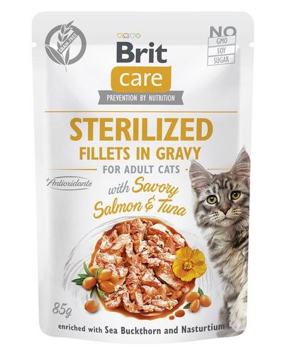 BRIT CARE Fillets in Gravy Pouch Sterilized Savory Salmon&Tuna 24x85g hrana pentru pisici sterilizate cu somon si ton