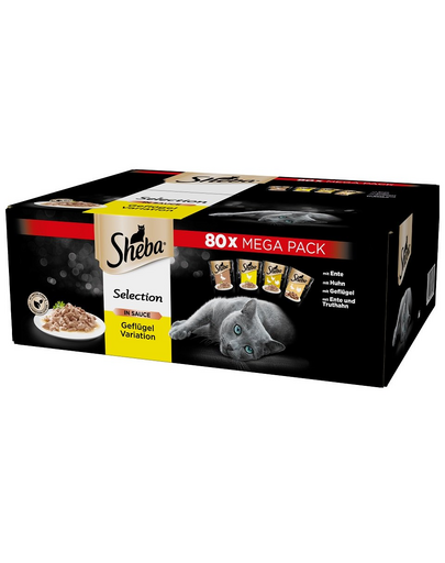 SHEBA pliculete 80x85 g Selection Arome de pasari de curte - hrana umeda completa pentru pisici adulte: cu rata, cu pui, cu pasari de curte, cu rata si curcan, in sos