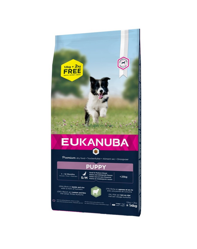 EUKANUBA Hrana uscata pentru catei de talie mica si medie, bogata in miel si orez 14 kg