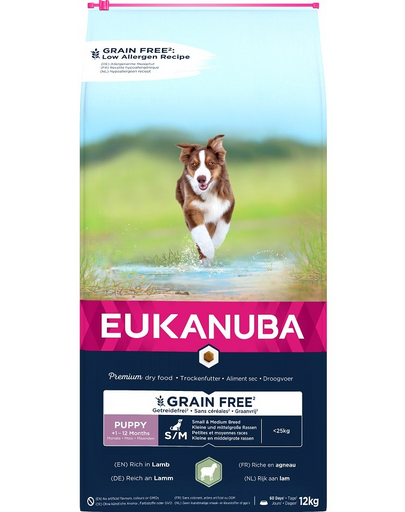 EUKANUBA Grain Free S/M Puppy 12 kg sac hrana ceti taie mica si medie, cu miel