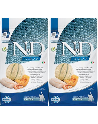 FARMINA N&D Ocean Cat Kitten cod, shrimp, pumpkin & cantaloupe melon 2 x 1,5 kg hrana uscata pisoi, pisici gestante/alapteaza, cod, creveti, dovleac si pepene galben