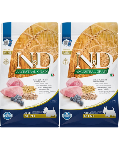 FARMINA N&D Ancestral Grain Lamb & Blueberry Adult Mini dog alimente caini rasa mica 2 x 2,5 kg