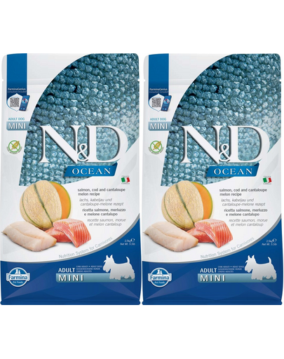 FARMINA N&D Ocean Dog Adult Mini salmon, cod & canatloupe melon 2 x 2,5 kg hrana caini adulti talie mica, somon, cod si pepene galben