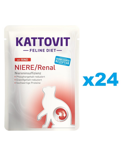 KATTOVIT Feline Diet Niere/Renal Beef hrana umeda dietetica pentru pisici cu afectiunile ale rinichilor, cu vita  24 x 85 g