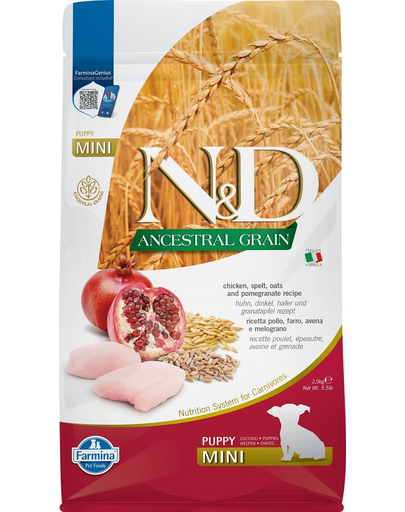 FARMINA N&D Mini Puppy Low Grain Chicken&Pomegranate hrana uscata caini juniori talie mica, pui si rodie 2.5 kg