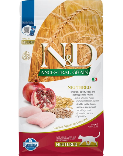 FARMINA N&D Hrana pentru pisici adulte castrate si sterilizate, cu cereale, pui si rodie - 1,5 kg