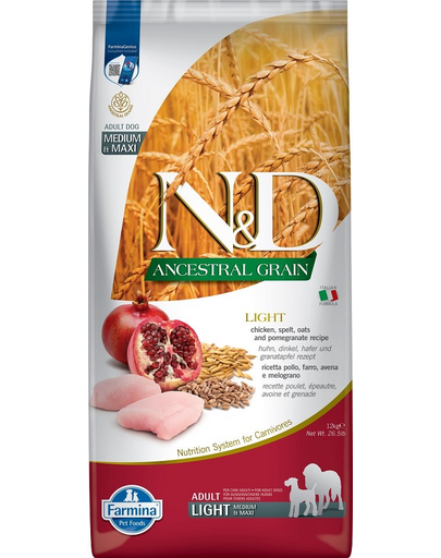 FARMINA N&D Low Grain Light Adult Medium/Maxi  Sac hrana uscata pentru caini talie medie sau mare, cu pui si rodie 12 kg