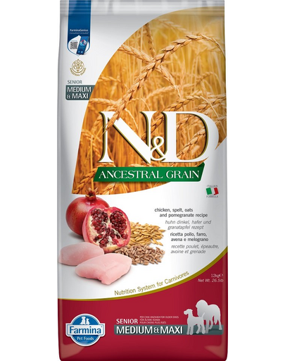 FARMINA N&D Low Grain Senior Medium/Maxi Hrana uscata pentru caini seniori talie medie si mare,cu pui si rodie 12 kg