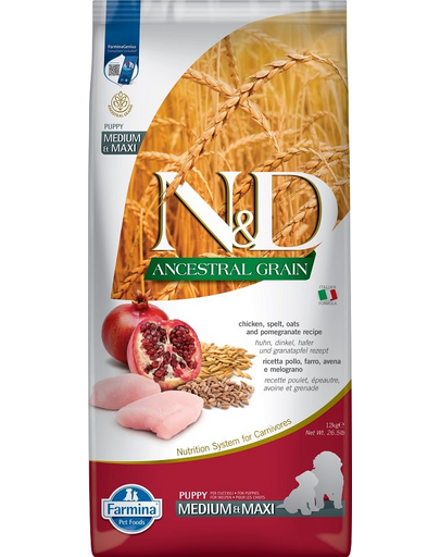 FARMINA N&D Ancestral Grain Puppy Medium&Maxi Chicken&Pomegranate hrana uscata caini juniori talie medie/mare, pui si rodie 12 kg