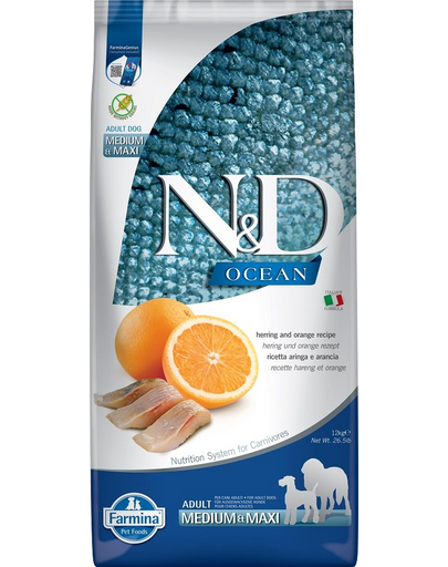 FARMINA N&D Ocean Dog Adult Herring&Orange Medium&Maxi hrana uscata caini adulti talie medie/mare, hering si portocale 12 kg