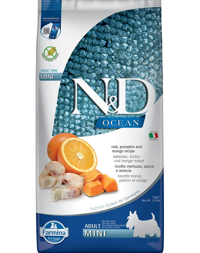 FARMINA N&D Ocean Dog Adult Mini cod, dovleac și portocală 7 kg