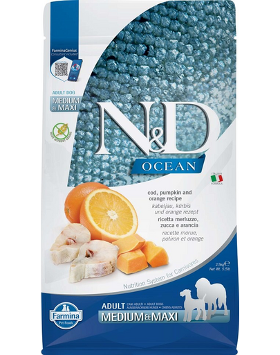 FARMINA N&D Ocean Dog Adult Medium/Maxi Hrana caini adulti, cu cod, dovleac si portocale 2,5 kg