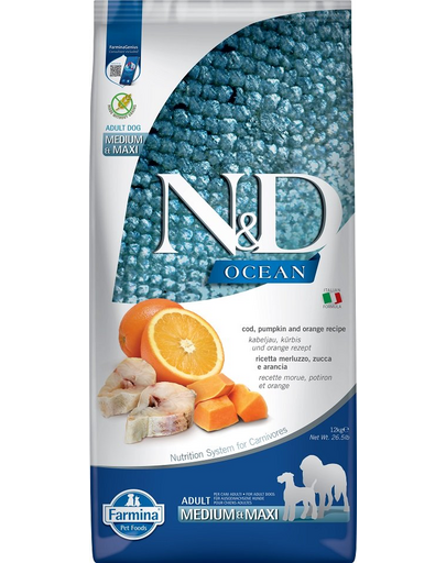 FARMINA N&D Dog Ocean Adult Medium &Maxi Hrana uscata pentru caini de talie medie si mare, cu cod si dovleac 12 kg