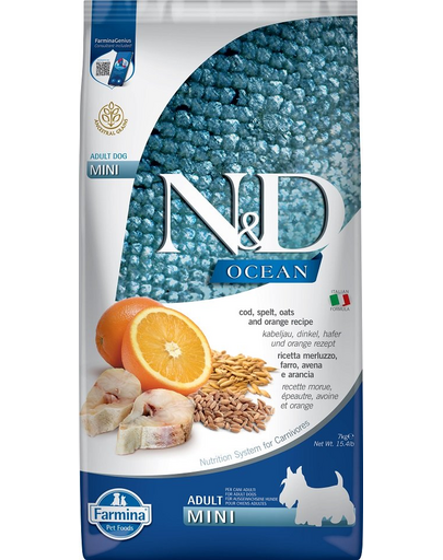 FARMINA N&D Ocean Adult Mini cu cod, spelat, ovăz, portocale 7 kg