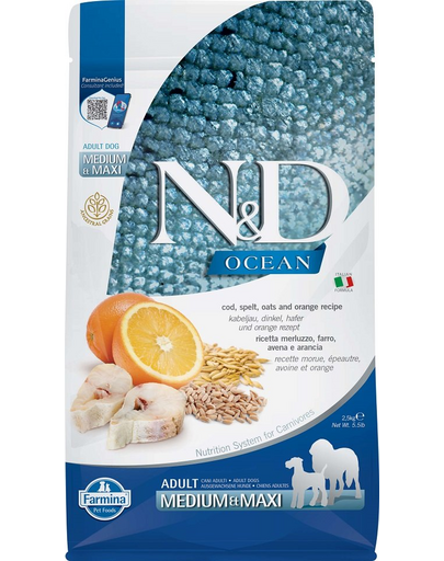 FARMINA N&D Ocean Adult Medium/MaxiHrana caini adulti, cu cod, portocala, ovaz 2,5 kg