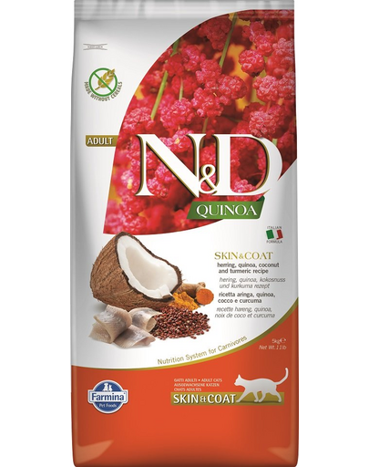 FARMINA N&D Quinoa Adult Cat Skin&Coat  Hrana uscata pisici cu intoleranta alimentara, cu hering și cocos 5 kg
