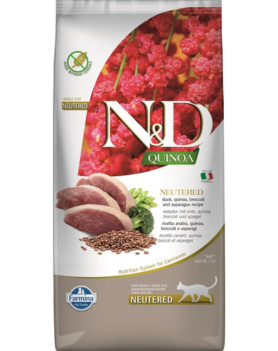 FARMINA N&D Quinoa Cat Duck, Brocolli & Asparagus Neutered Adult Sac hrana pisici sterilizate, cu rata 5 kg