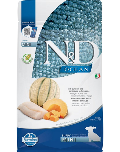 FARMINA N&D Ocean Hrana uscata pentru catei de talie mica, cu cod, dovleac si pepene galben 800 g