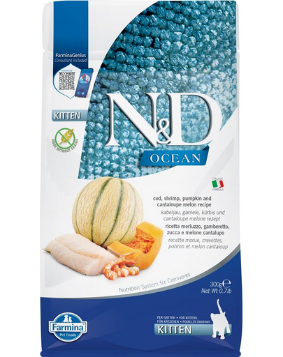 FARMINA N&D Ocean Cat Kitten Hrana pisoi, pisici gestante si care alapteaza, cu cod, creveți, dovleac si pepene galben - 300 g