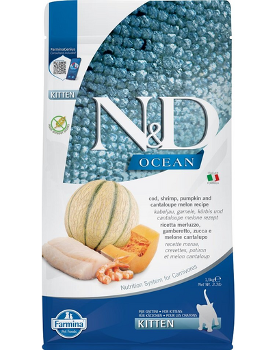 FARMINA N&D Ocean Hrana uscata pentru pisoi, pisici gestante si care alapteaza, cu cod, creveți, dovleac si pepene galben - 1,5 kg