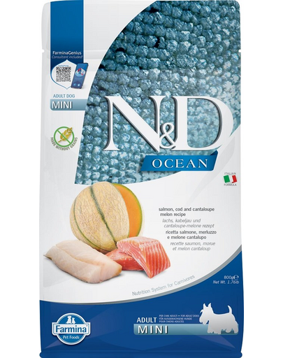 FARMINA N&D Ocean Hrana caini adulti de talie mica, cu somon, cod si pepene galben 800 g