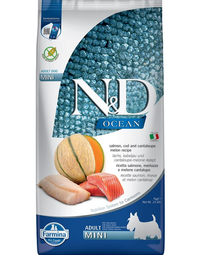 FARMINA N&D Ocean - Hrană pentru câini adulți de talie mică - somon, cod și pepene galben - 7 kg