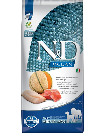 FARMINA N&D Ocean Dog Adult Medium & Maxi somon, cod si pepene galben, 12 kg