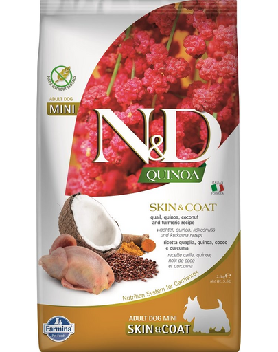 FARMINA N&D Quinoa  Hrana dietetica caini adulti talie mica, cu prepelita si nuca de cocos 2,5 kg