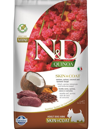 FARMINA N&D Quinoa  Hrana dietetica pentru caini adulti talie mica, cu carne de vanat si nuca de cocos 2,5 kg