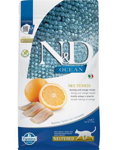 FARMINA N&D Ocean - Hrană uscată pentru pisici adulte, după castrare - hering și portocală -1,5 kg