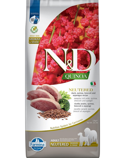 FARMINA N&D Quinoa Dog Neutered Adult Medium/Maxi hrana uscata caini adulti dupa castrare/sterilizare, cu rata, broccoli si sparanghel 12 kg