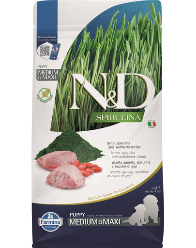 FARMINA N&D Spirulina Puppy Medium&Maxi Lamb & Wolfberry 2 kg Hrana catei de talie medie si mare, cu miel si spirulina