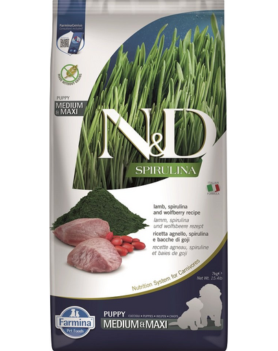 FARMINA N&D Spirulina Puppy Medium&Maxi Lamb & Wolfberry 7 kg Hrana catei talie medie si mare, cu miel si spirulina