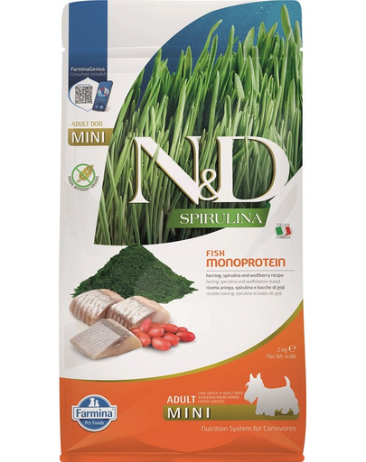 FARMINA N&D Spirulina Adult Mini Herring & Wolfberry 2 kg Hrana caine talie mica, cu hering si spirulina