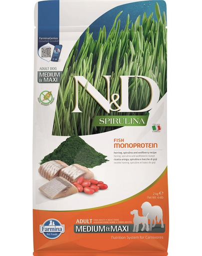 FARMINA N&D Spirulina Adult Medium&Maxi Herring & Wolfberry 2 kg Hrana pentru caine cu hering si spirulina