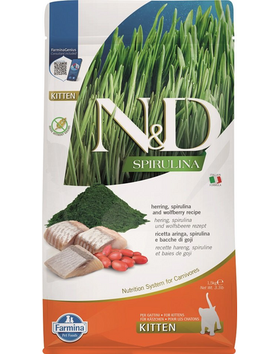 FARMINA N&D Spirulina Kitten Herring & Wolfberry 1,5 kg Hrana uscata  pentru pisoi, cu hering si spirulina