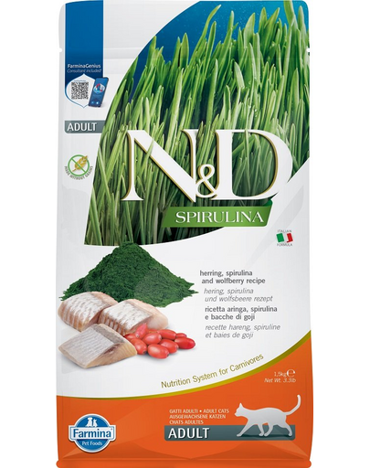 FARMINA N&D Spirulina Cat Adult Herring & Wolfberry 1,5 kg Hrana uscata pentru pisici, cu hering si spirulina