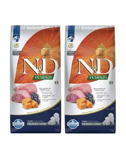 FARMINA N&D GF Puppy Medium&Maxi Pumpkin Lamb&Blueberry hrana uscata catei talie medie si mare, cu dovleac, miel si afine 24 kg (2 x 12 kg)